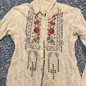 Johnny Was Cream Blouse with Floral Embroidery